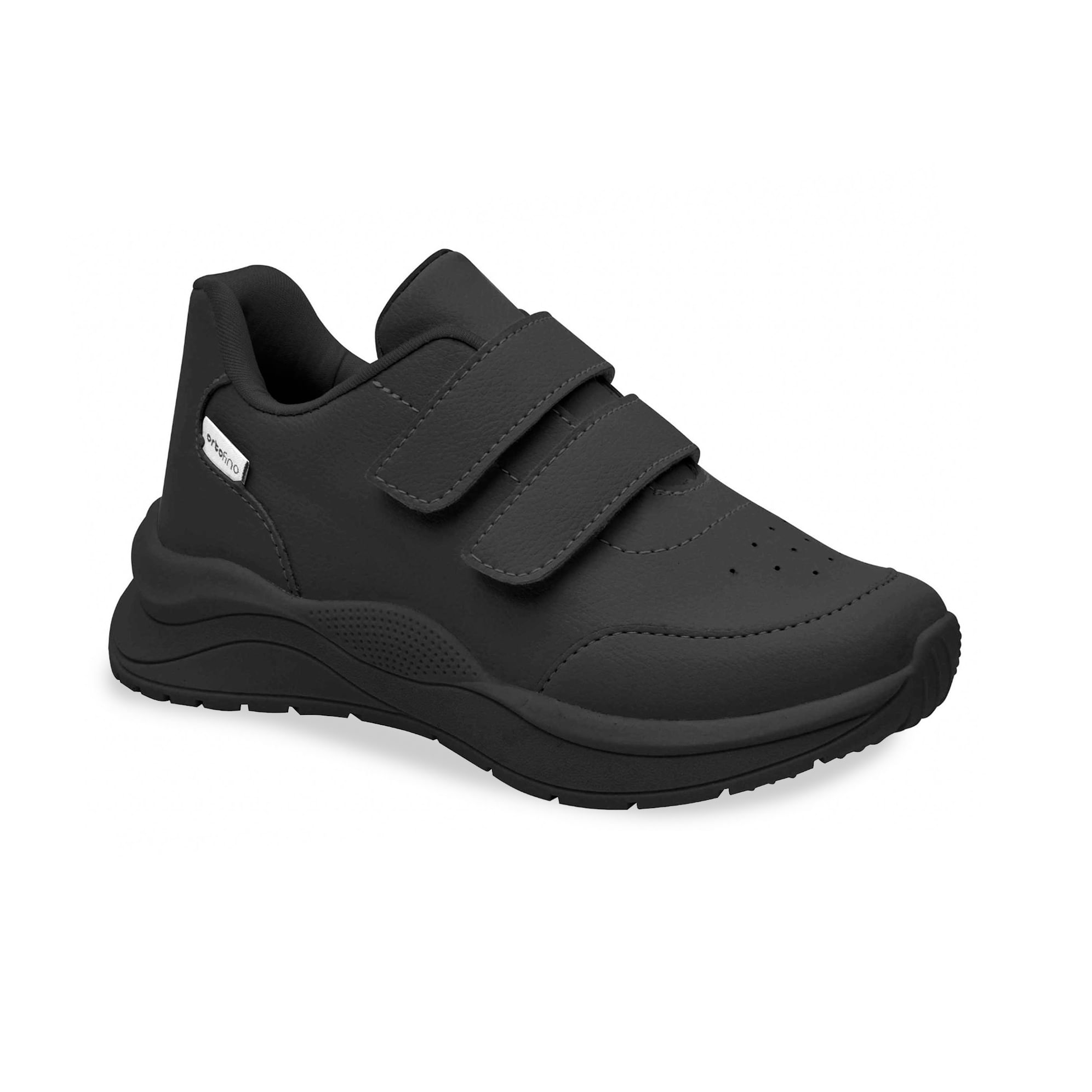 Tênis infantil preto com fechamento por velcro, vista frontal mostrando detalhes do material sintético e sola preta